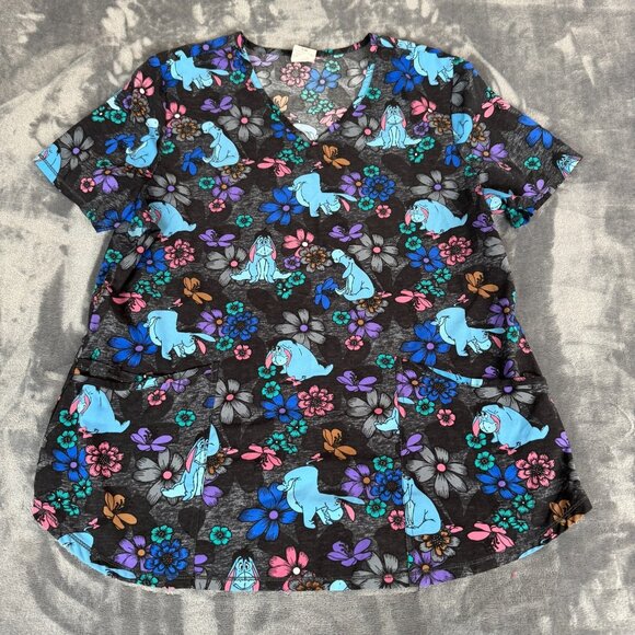 Disney Winnie the Pooh Eeyore Floral Black Blue Women's Large V-Neck Scrub Top - Picture 1 of 6
